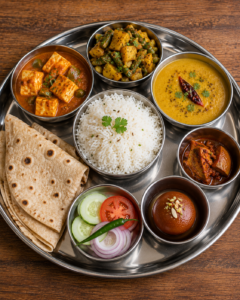 Paneer Sukhi Sabji Dal Chawal Roti Achar Sweets
