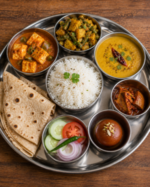 Paneer Sukhi Sabji Dal Chawal Roti  Achar Sweets